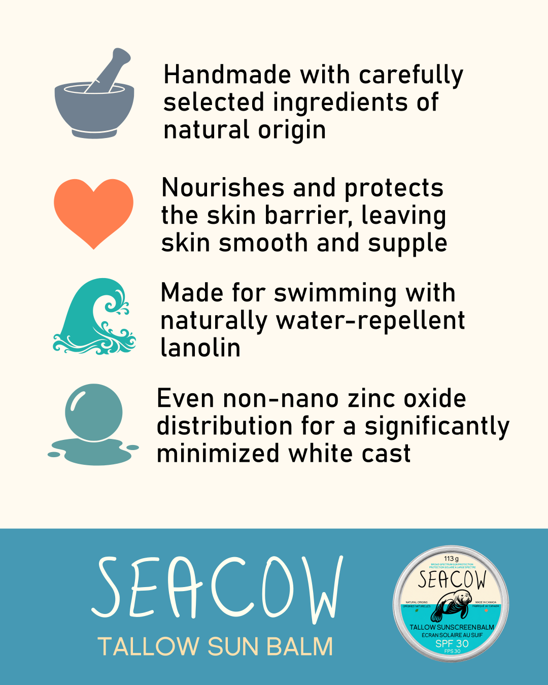 Tallow Sun Balm with 25% Zinc Oxide 113 g (4 oz) - Easy-to-Apply Daytime Moisturizer