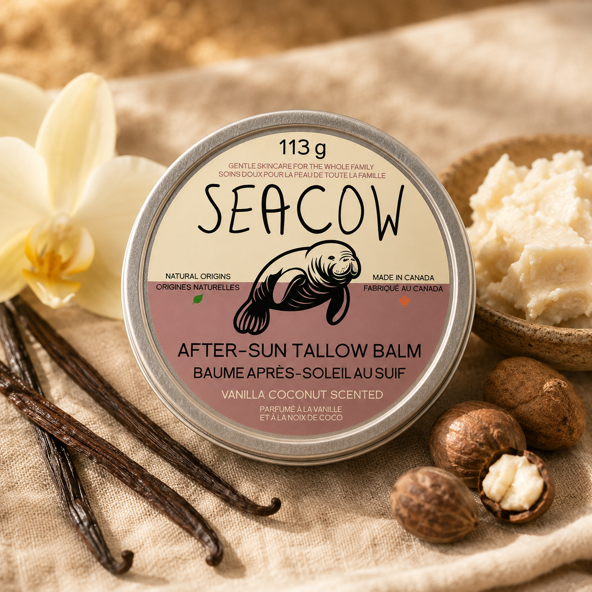 After-Sun Tallow Balm 113 g (4oz) - All-Natural Vanilla-Coconut Scented Moisturizer